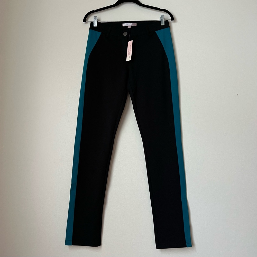 NWT Romeo and Juliet Black Leggings Pants with Turquoise Teal Tuxedo Side, M